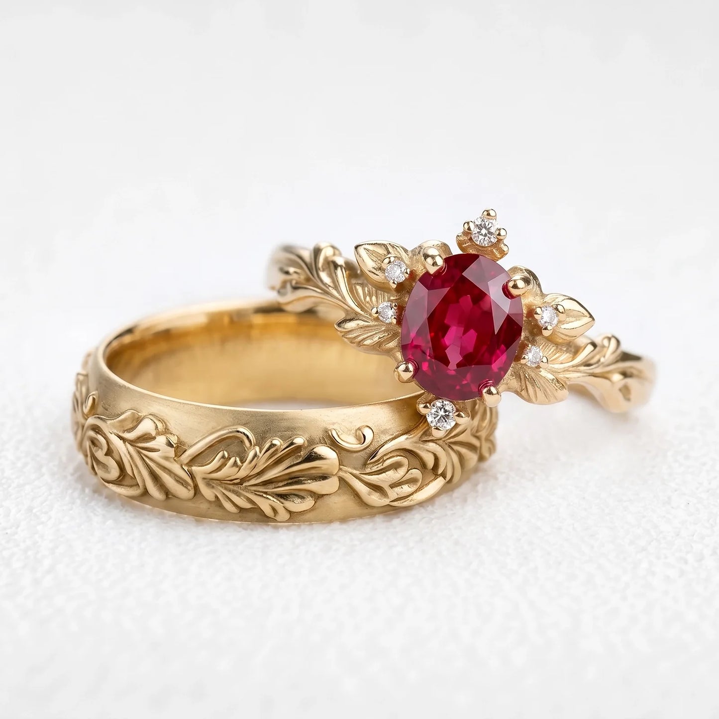Aurora’s Ember | Oval Ruby Vintage & Noble Oak Band Couple Set