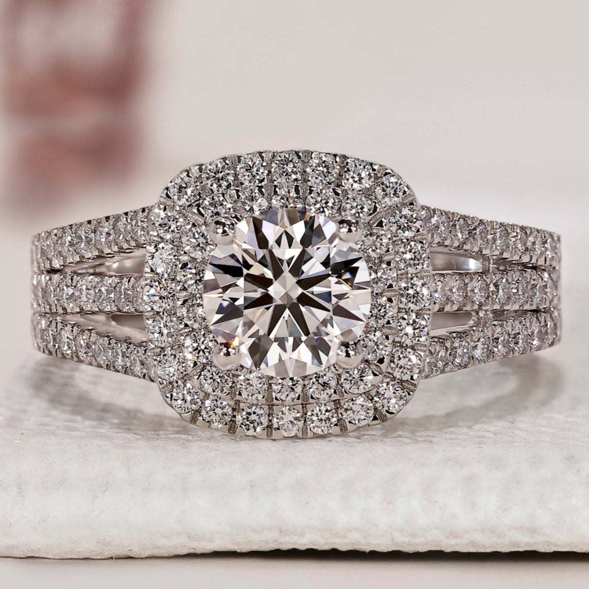 Double Halo Engagement Ring In Round Cut Diamond