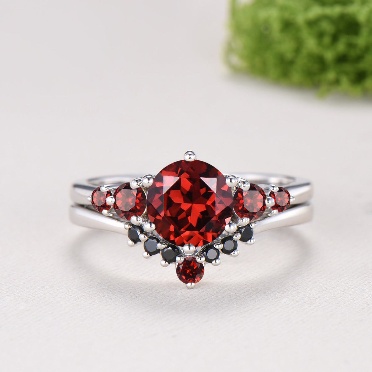 Natural Garnet Engagement Ring, Round Cut January Birthstone Five Stone Wedding Band, Black Spinel Bridal Set