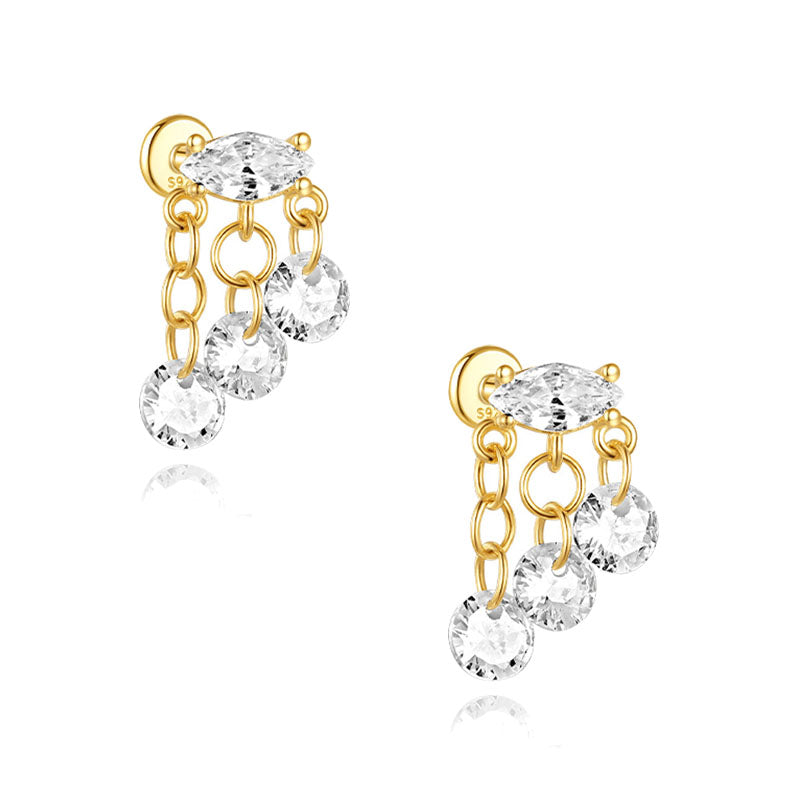 S925 Sterling Silver Gold Plated Marquise & Round CZ Chain Fringe Flat Back Cartilage Earring
