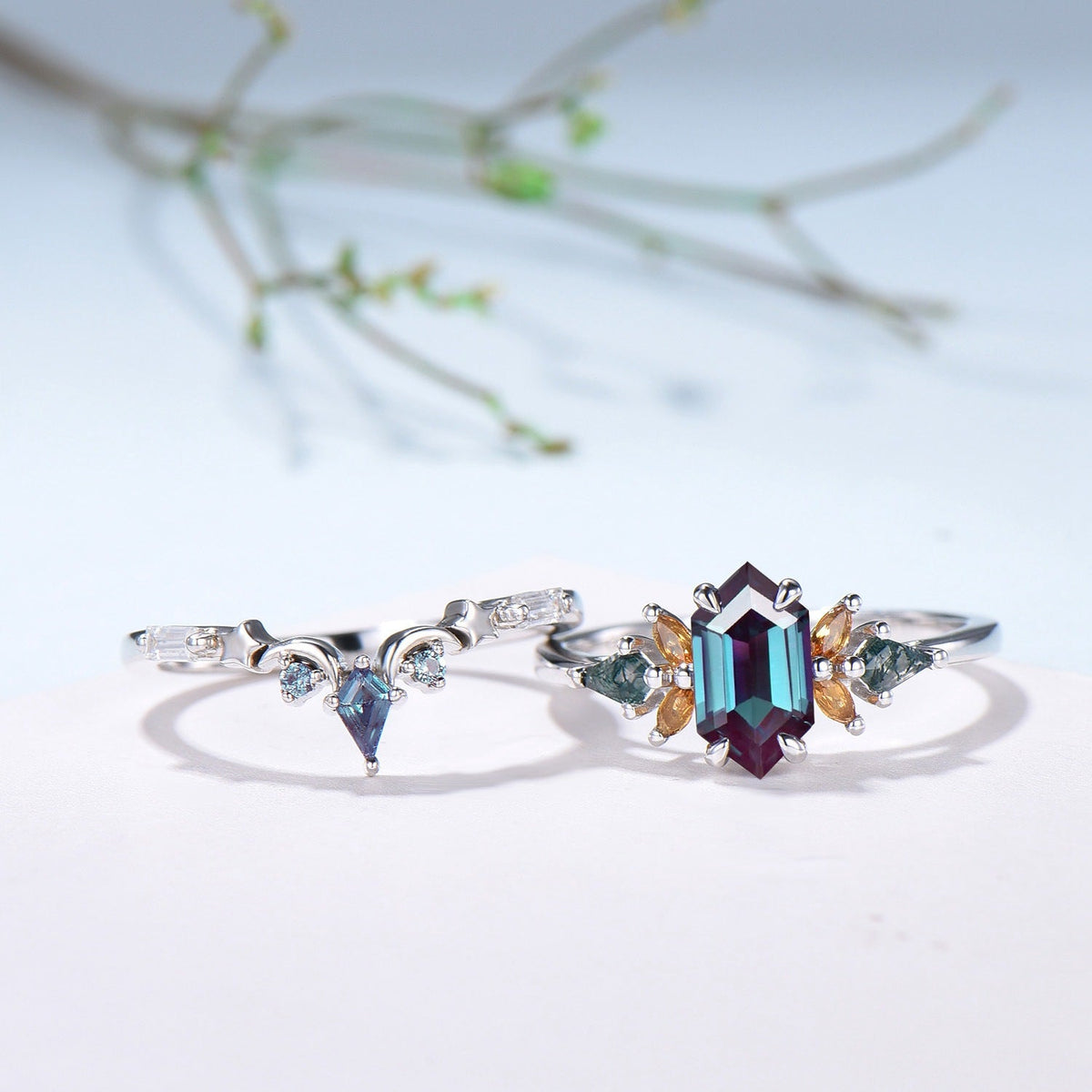 Vintage Elongated Hexagon Alexandrite Bridal Set with Citrine Moss Agate Cluster