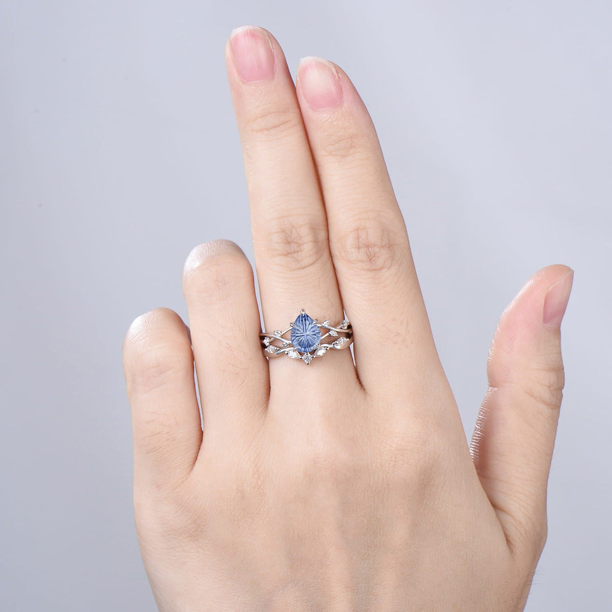 Cornflower Blue Lab Sapphire Engagement Ring Set | Pear Cut Starburst Twig Vine Wedding Set