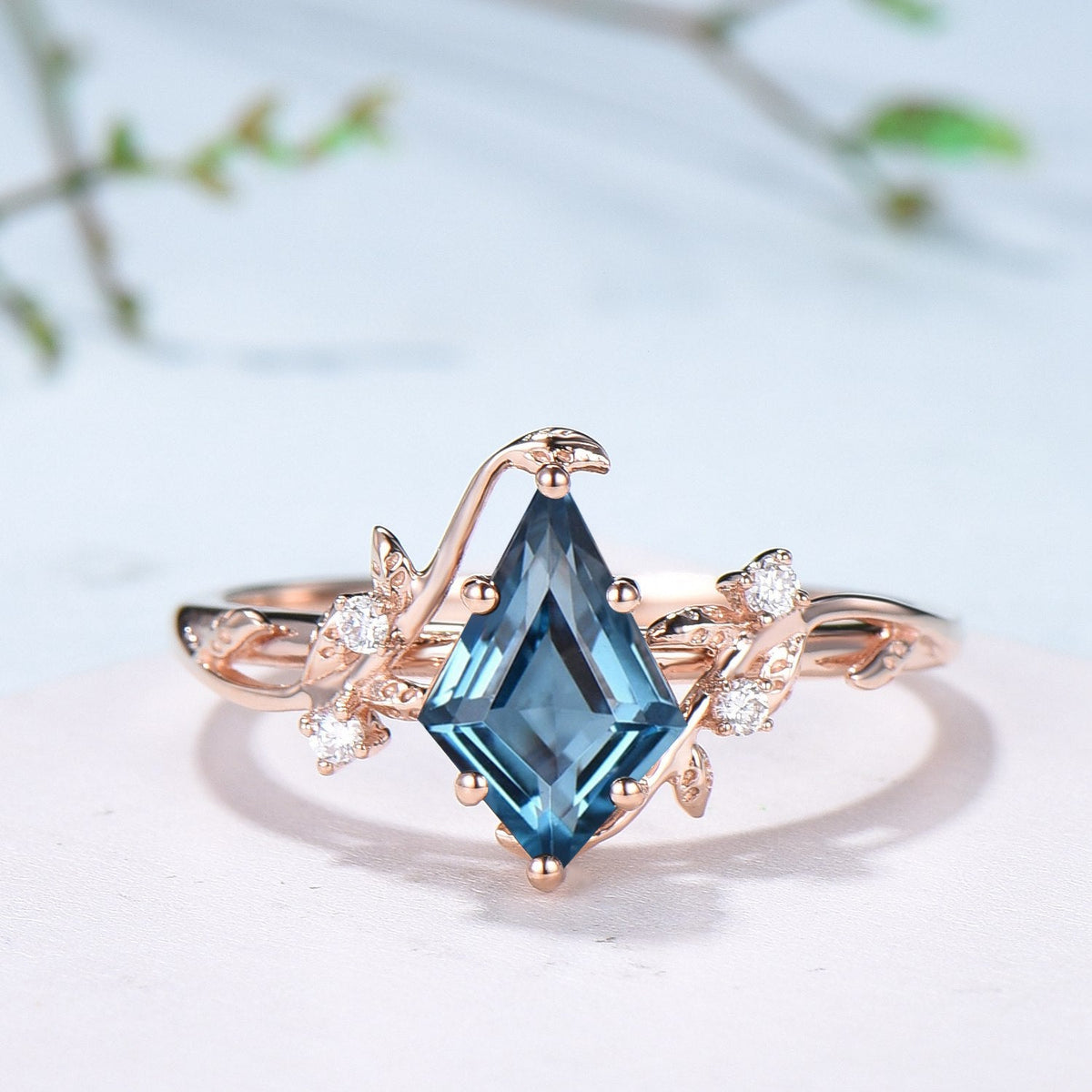 Unique gothic kite cut London blue topaz engagement ring set cluster diamond engagement ring leaf vine nature inspired citrine wedding set