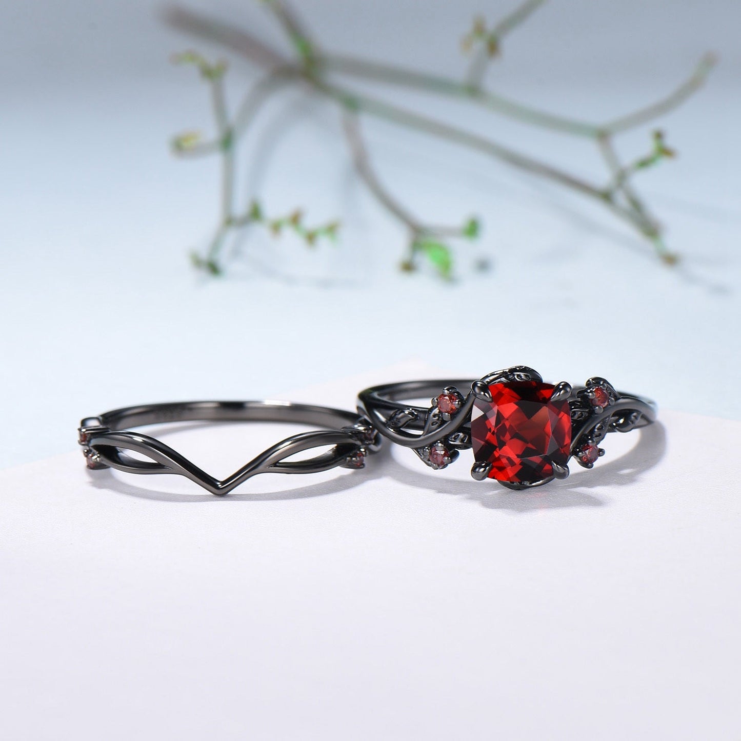 Unique gothic cushion cut garnet wedding ring set black gold natural inspired January birthstone engagement ring for women 2pcs bridal set
