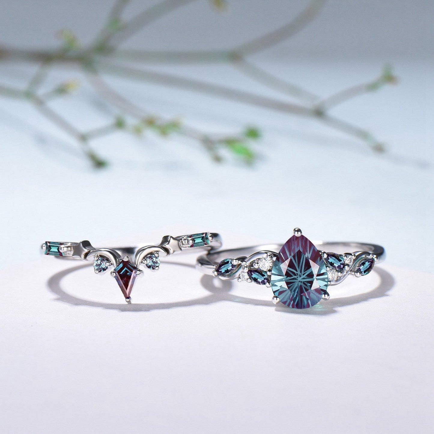Nebula Teardrop Fireworks Cut Alexandrite Crown Engagement Ring Set: Moon Star Stacking Band