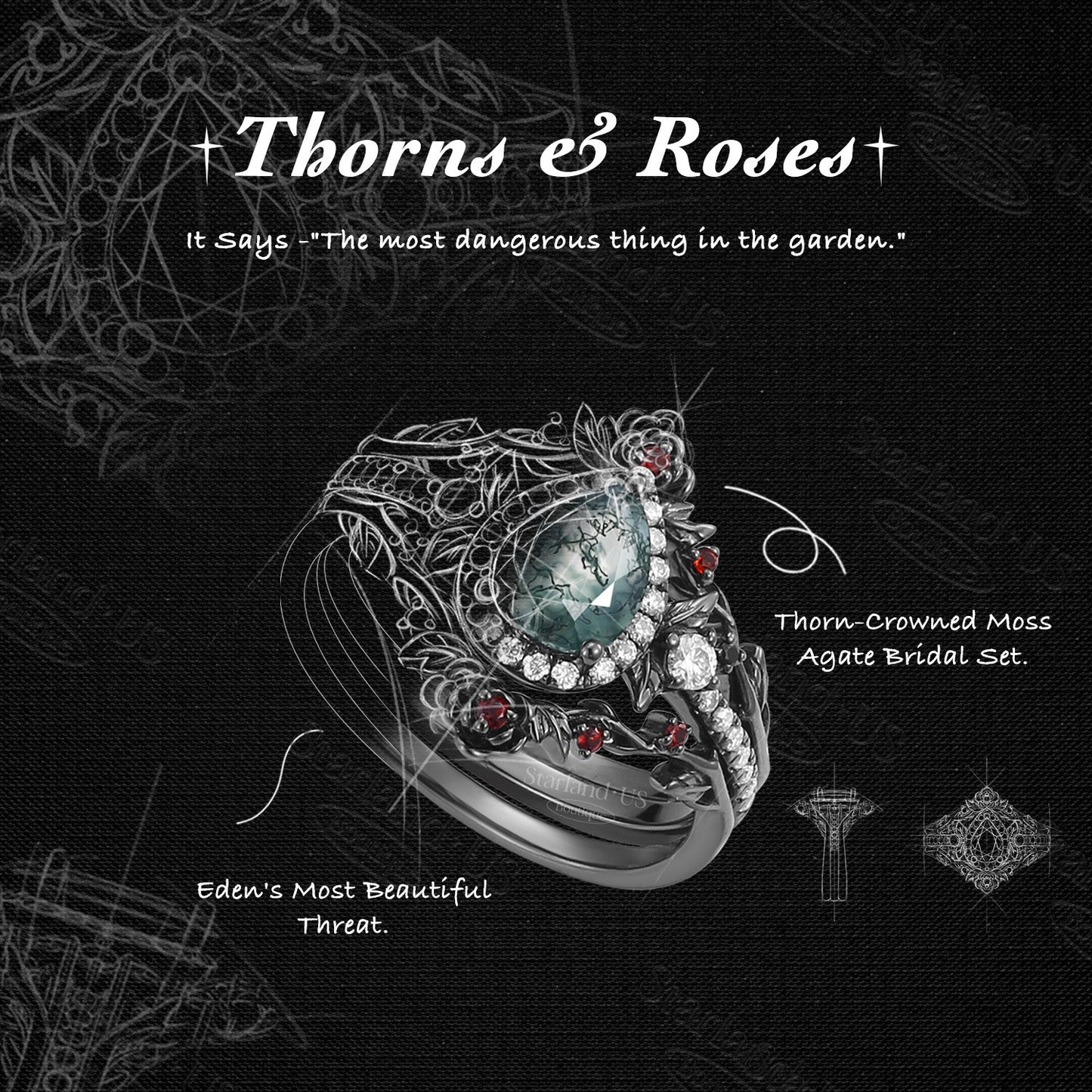 Nature Inspired Pear Cut Garnet 'Thorns & Roses' Halo Engagement Ring Set 3pcs