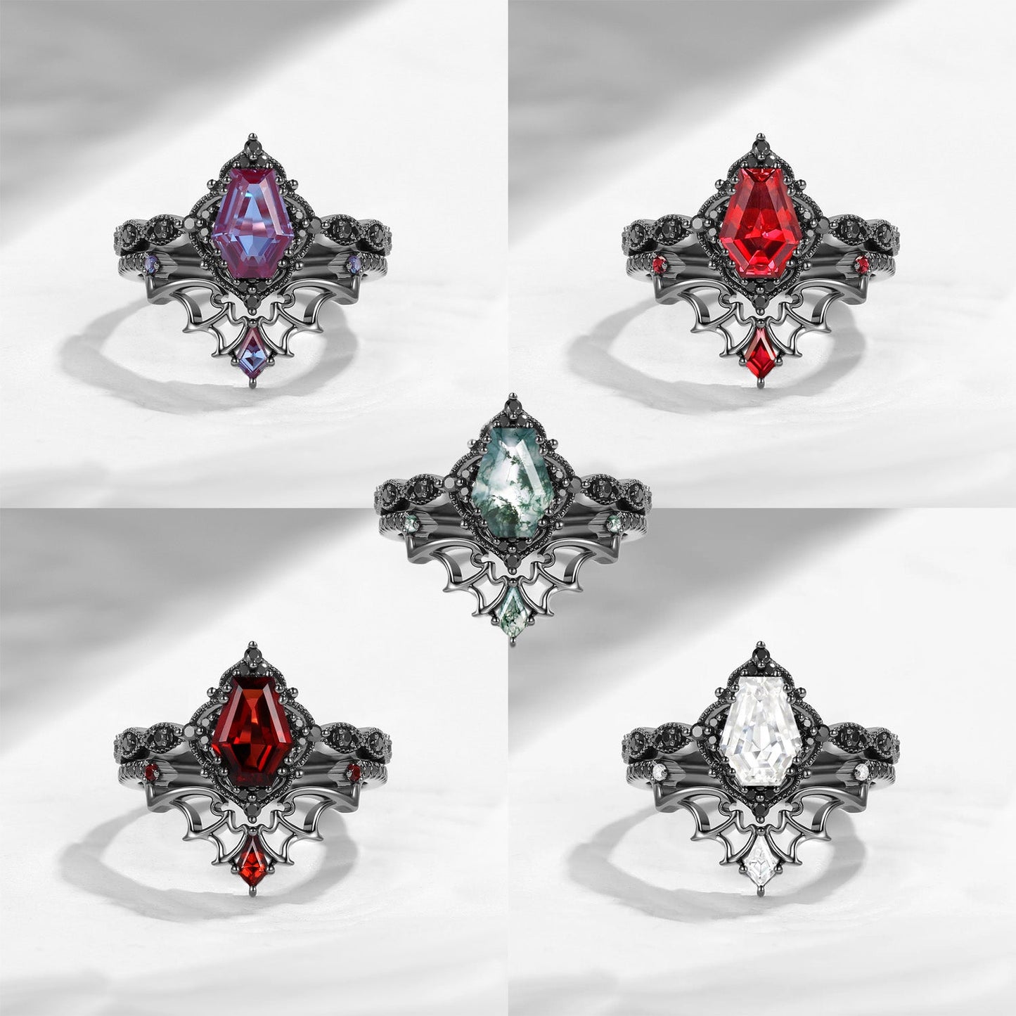 'Dark Romance' - Gothic Coffin Cut Amethyst Engagement Ring Set with Bat Wings in Black Gold