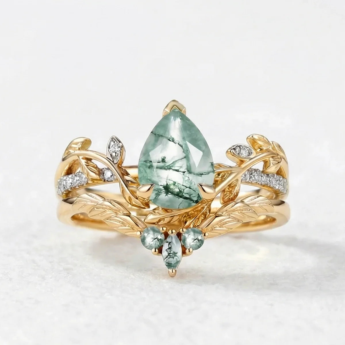 Marguerite’s Garland | Pear Cut Moss Agate Couple’s Ring Set 3pcs