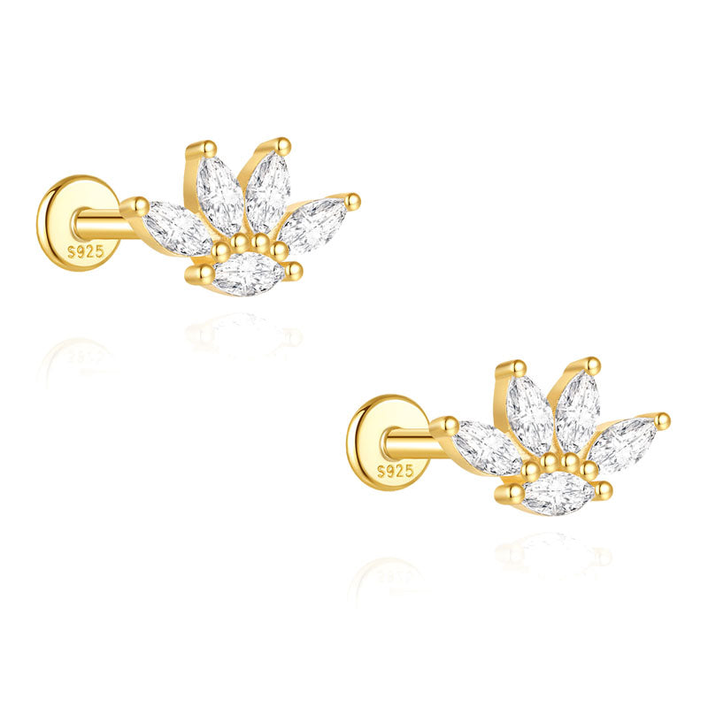 S925 Sterling Silver Gold Plated Marquise CZ Lotus Crown Flat Back Cartilage Earring