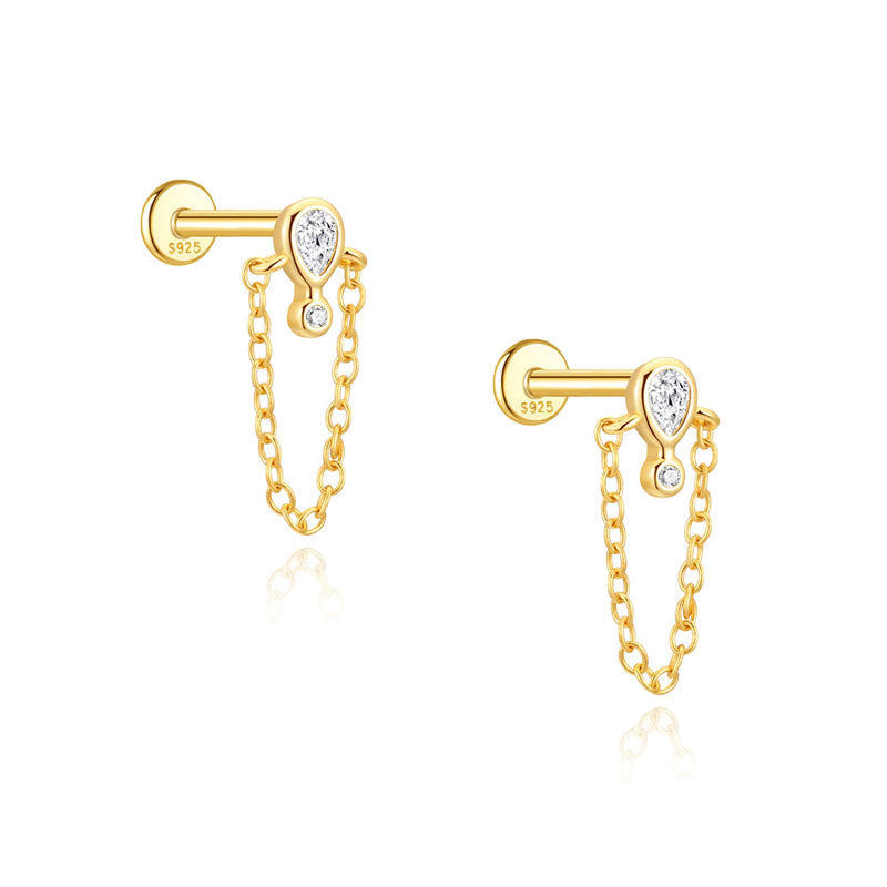 S925 Sterling Silver Gold Plated Pear & Round CZ Chain Drop Flat Back Cartilage Earring