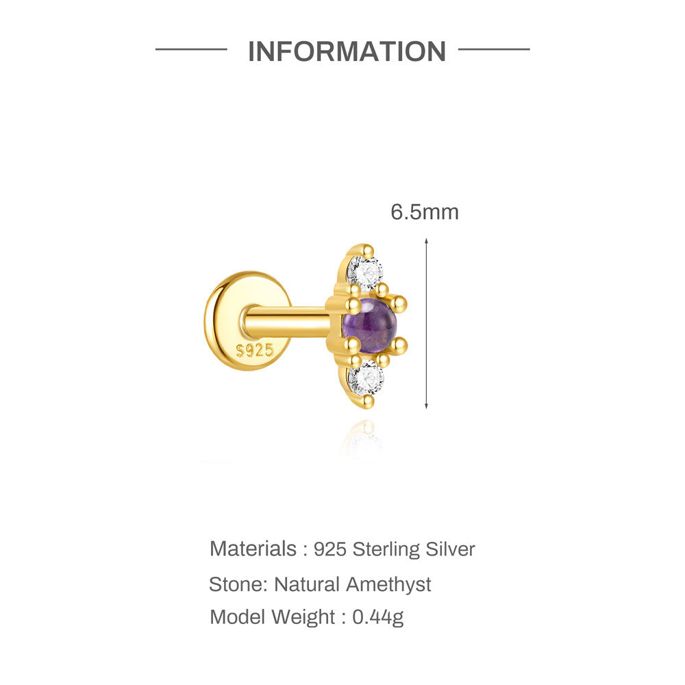 S925 Sterling Silver Natural Amethyst Geometric Cartilage Earring 16G Flat Back Earrings