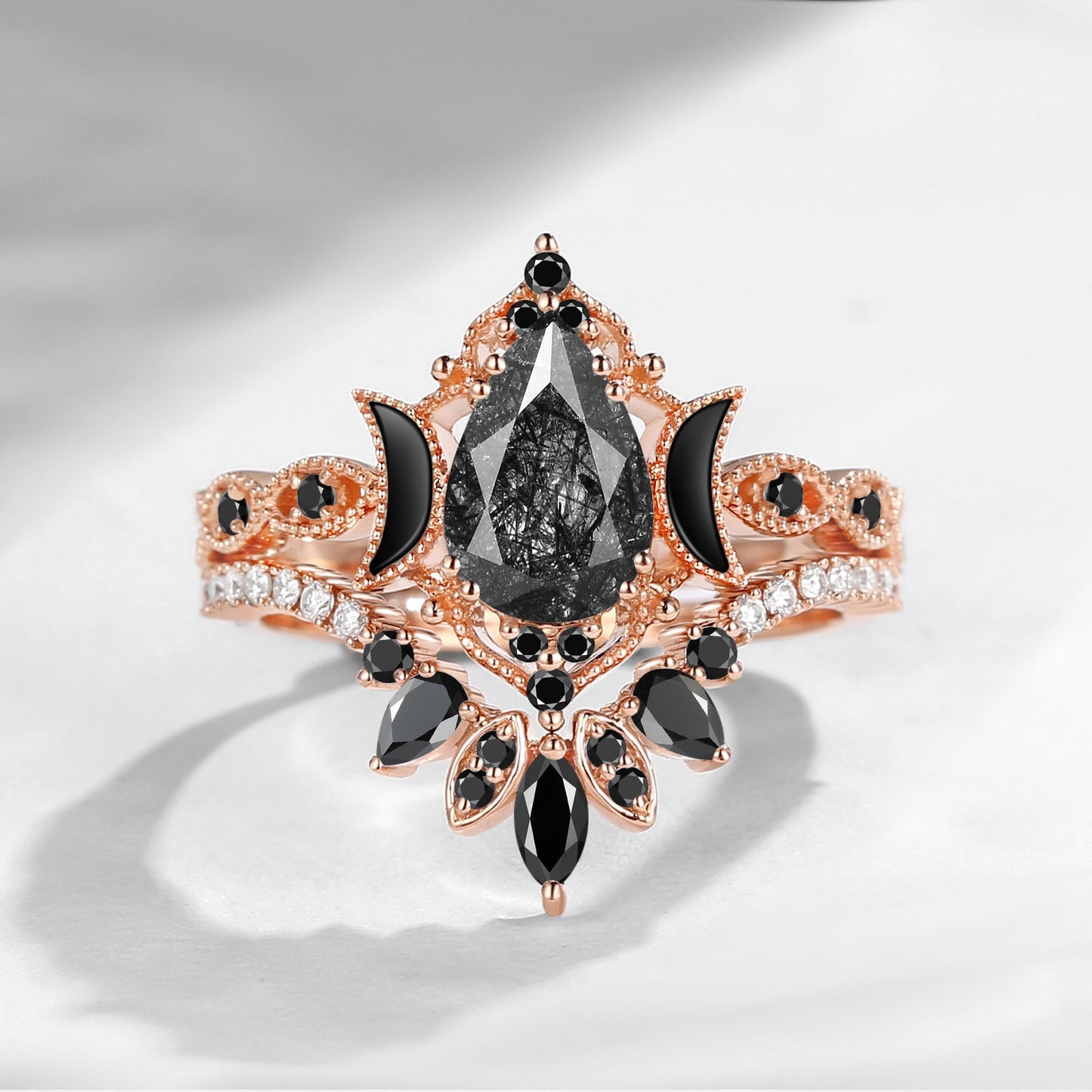 Crescent Moon | Pear Cut Black Rutilated Quartz 'Ultra Galaxy' Engagement Ring Set 2pcs