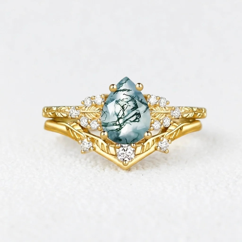 Hortense  Leaf Nature Inspired Pear Cut Moss Agate Engagement Ring Set 2pcs