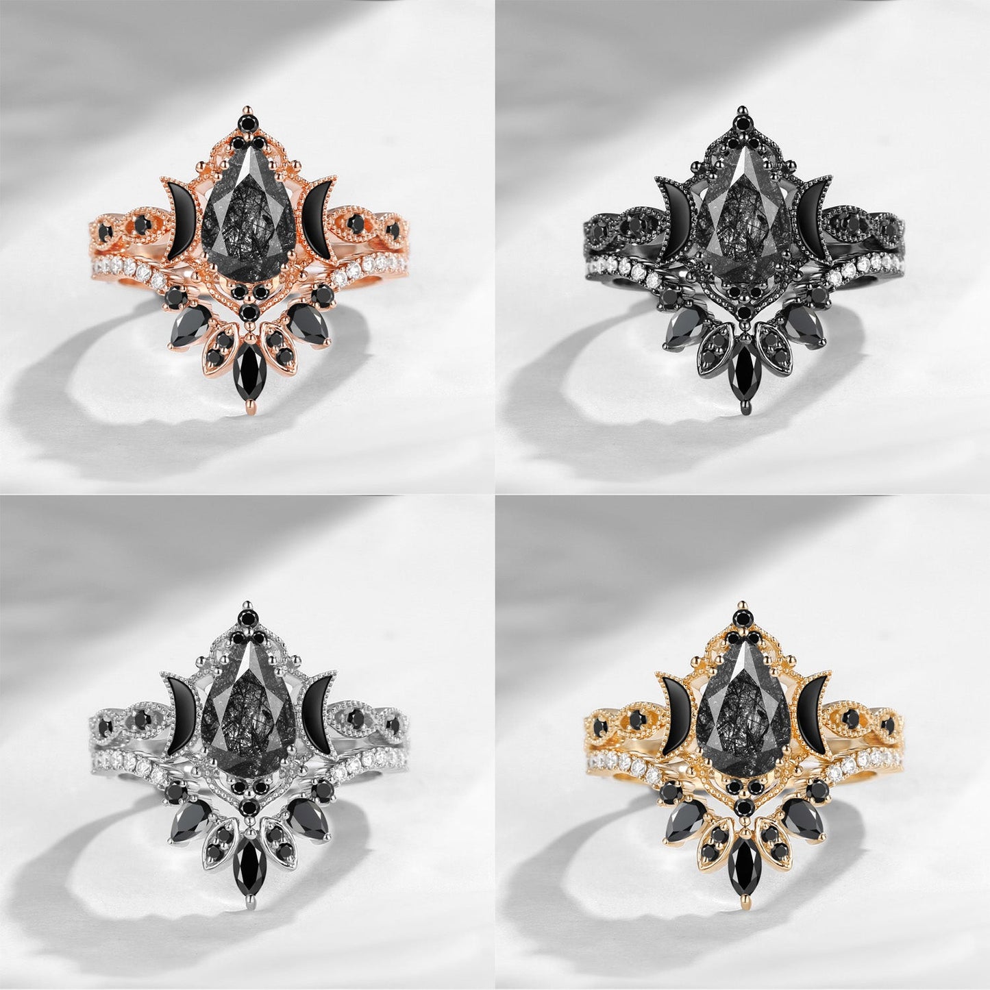Crescent Moon | Pear Cut Black Rutilated Quartz 'Ultra Galaxy' Engagement Ring Set 2pcs
