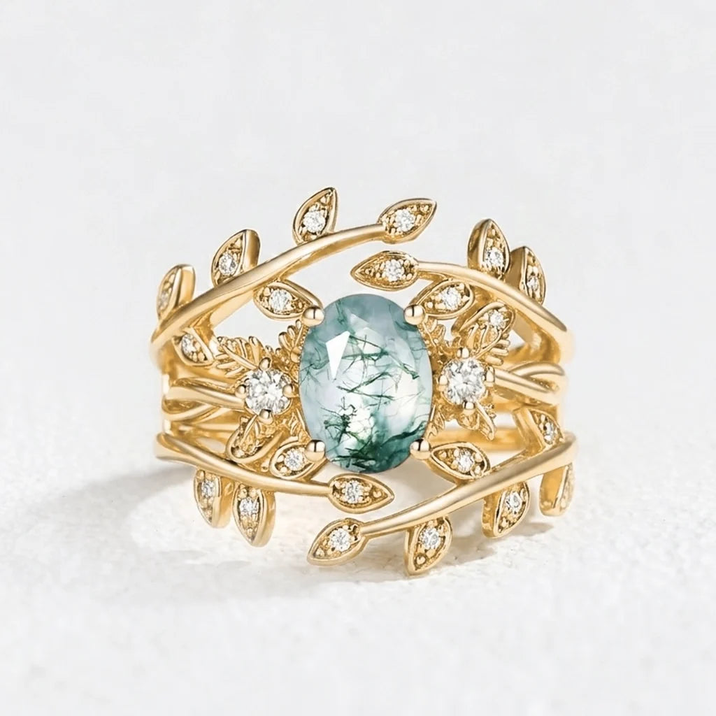Léonie Oval Cut Moss Agate Leafy Enhancer Ring Set 2pcs