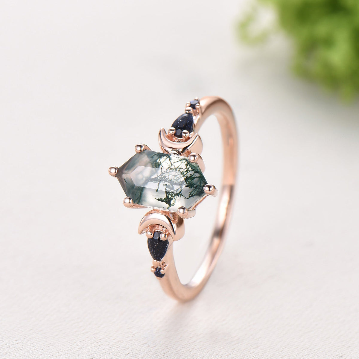 Long Hexagon Moss Agate Engagement Ring, Crescent Moon Blue Sandstone Band, Celestial Jewelry, Unique 14K Rose Gold Wedding Ring Set