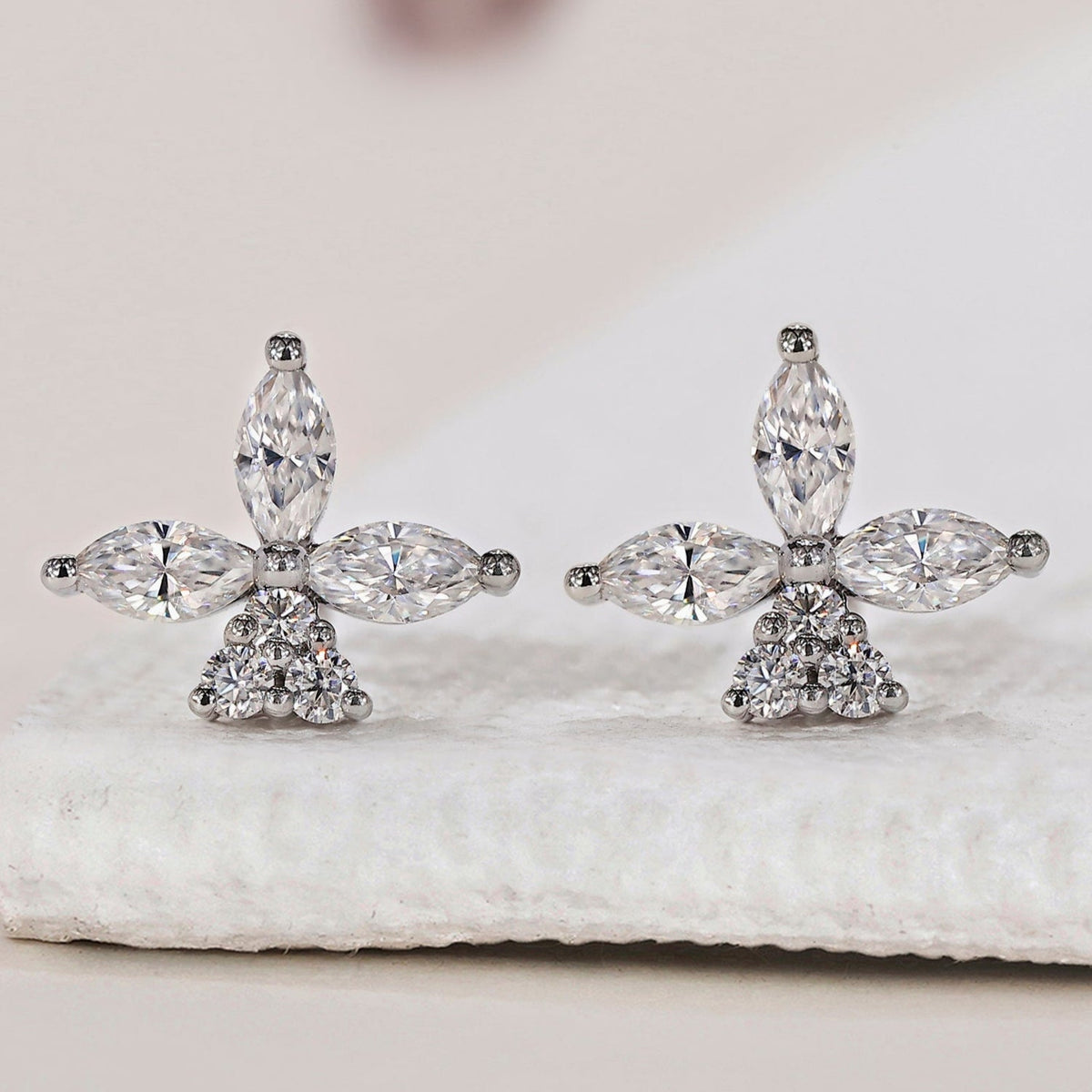 Floral Stud Earrings - Marquise and Round Diamond