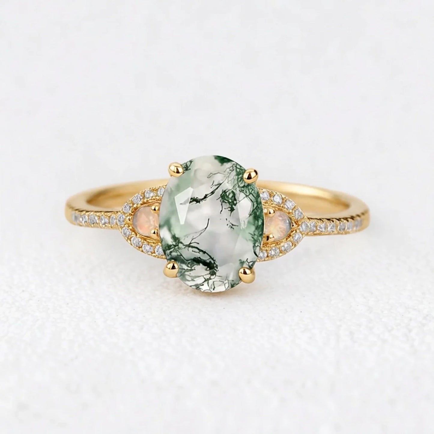 Sylvia’s Verdure | Oval Cut Moss Agate Engagement Ring