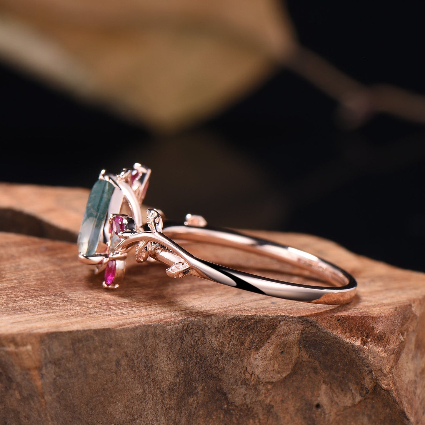 Nature Inspired Moss Agate Ring Leaf Marquise Cut Ruby Ring