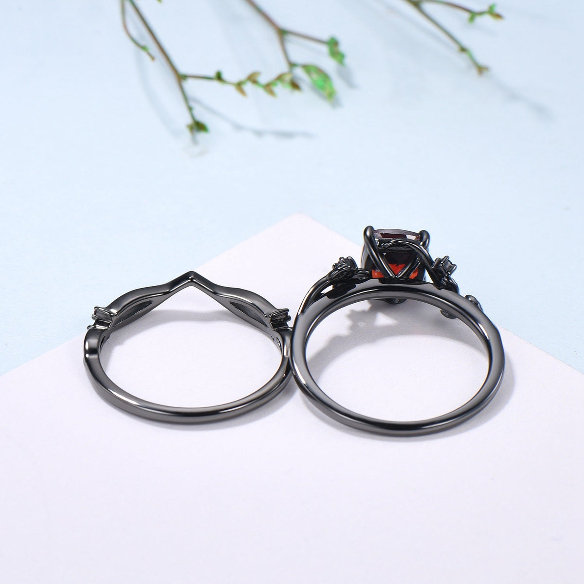 Unique gothic cushion cut garnet wedding ring set black gold natural inspired January birthstone engagement ring for women 2pcs bridal set