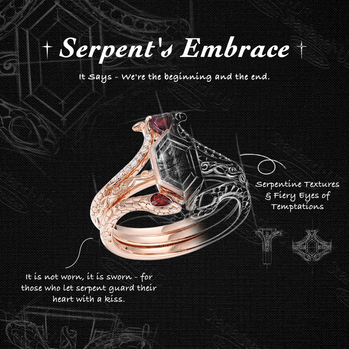 'Serpent's Allure' - Long Hexagon Cut Lab Alexandrite Vintage Bezel Engagement Ring Set 3pcs