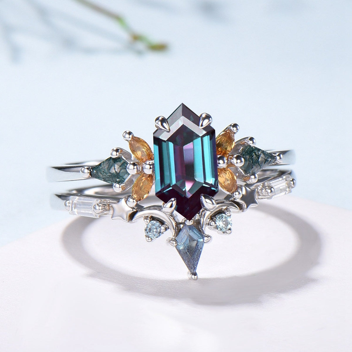 Vintage Elongated Hexagon Alexandrite Bridal Set with Citrine Moss Agate Cluster