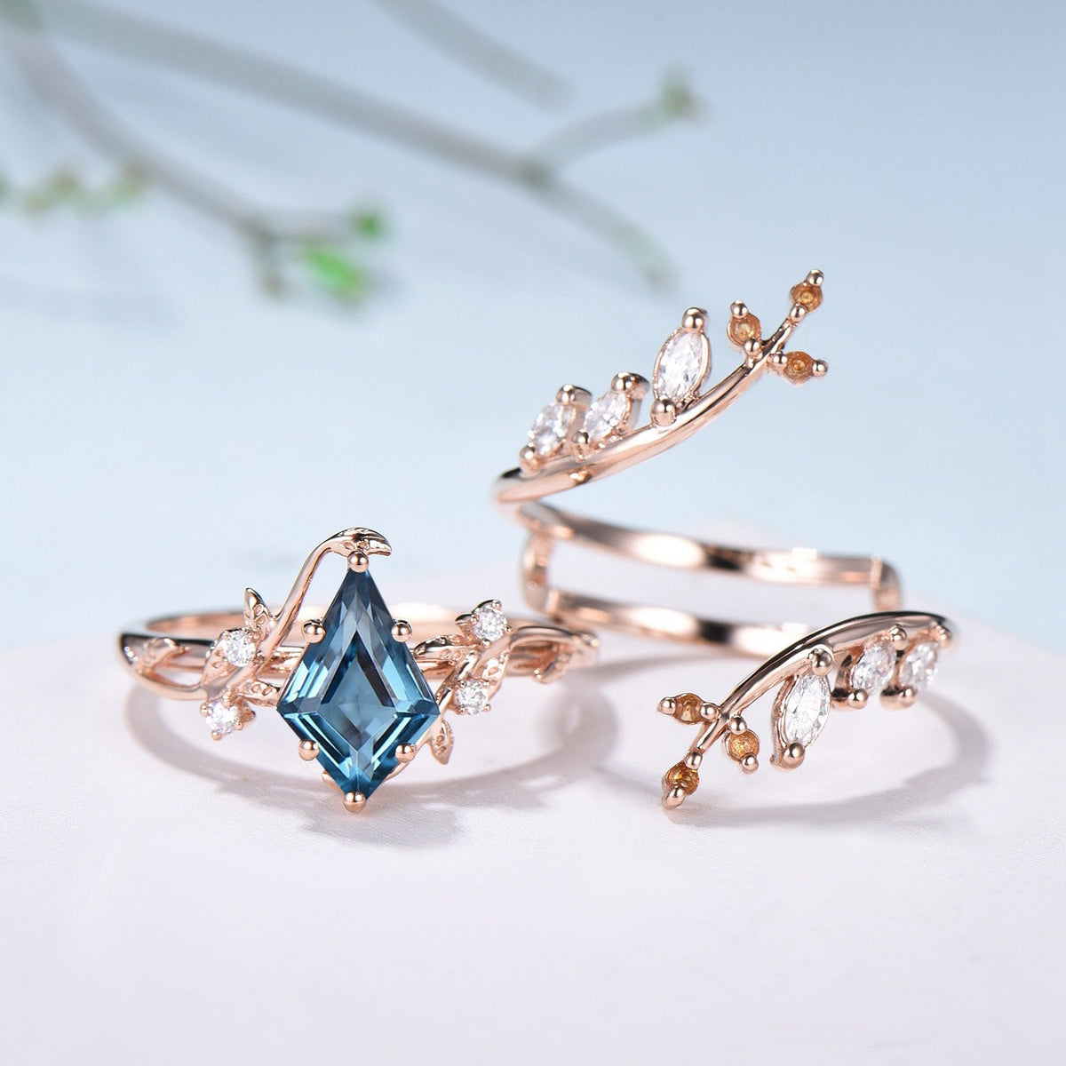Unique gothic kite cut London blue topaz engagement ring set cluster diamond engagement ring leaf vine nature inspired citrine wedding set