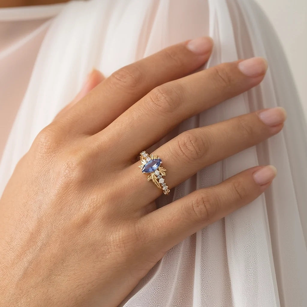 Aurora’s Fairy Wing | Marquise Natural Sapphire Vintage Bridal Set 2pcs