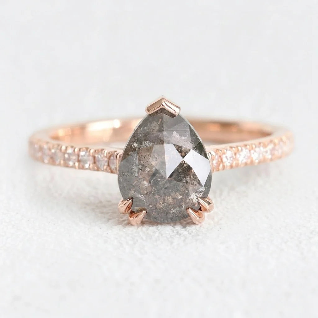 Astrid’s Stardust | 2CT Pear Cut Salt & Pepper Diamond Pavé Engagement Ring