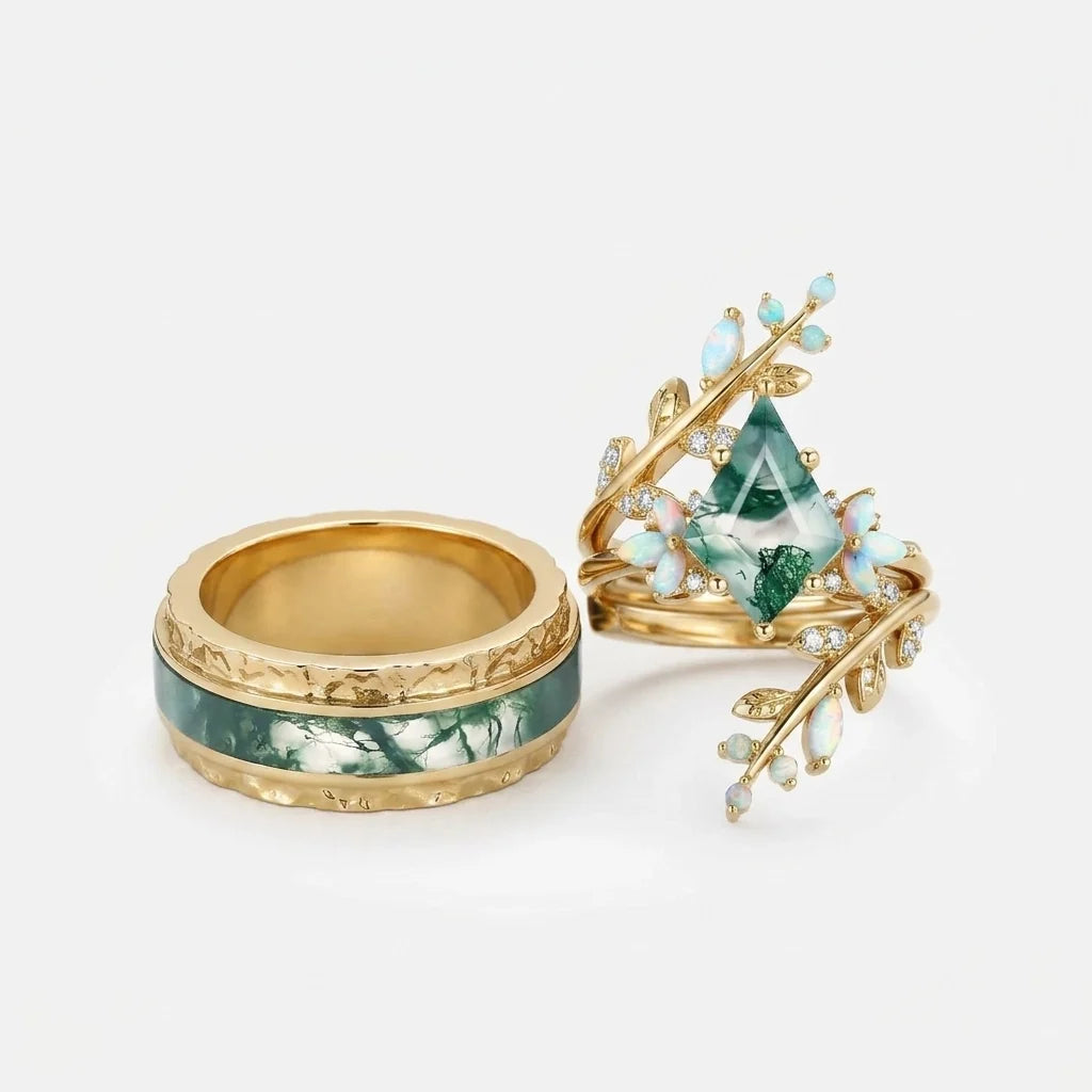 Knight’s Citadel | Kite Cut Moss Agate & Opal Couple Ring Set 3pcs