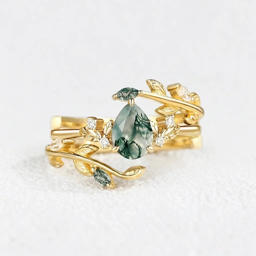 Daphne‘s Verdure | Pear Cut Moss Agate Foliage Bridal Duo