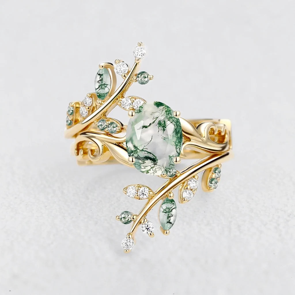 Daphne’s Canopy | Oval Cut Green Moss Agate Cluster Couple Ring Set