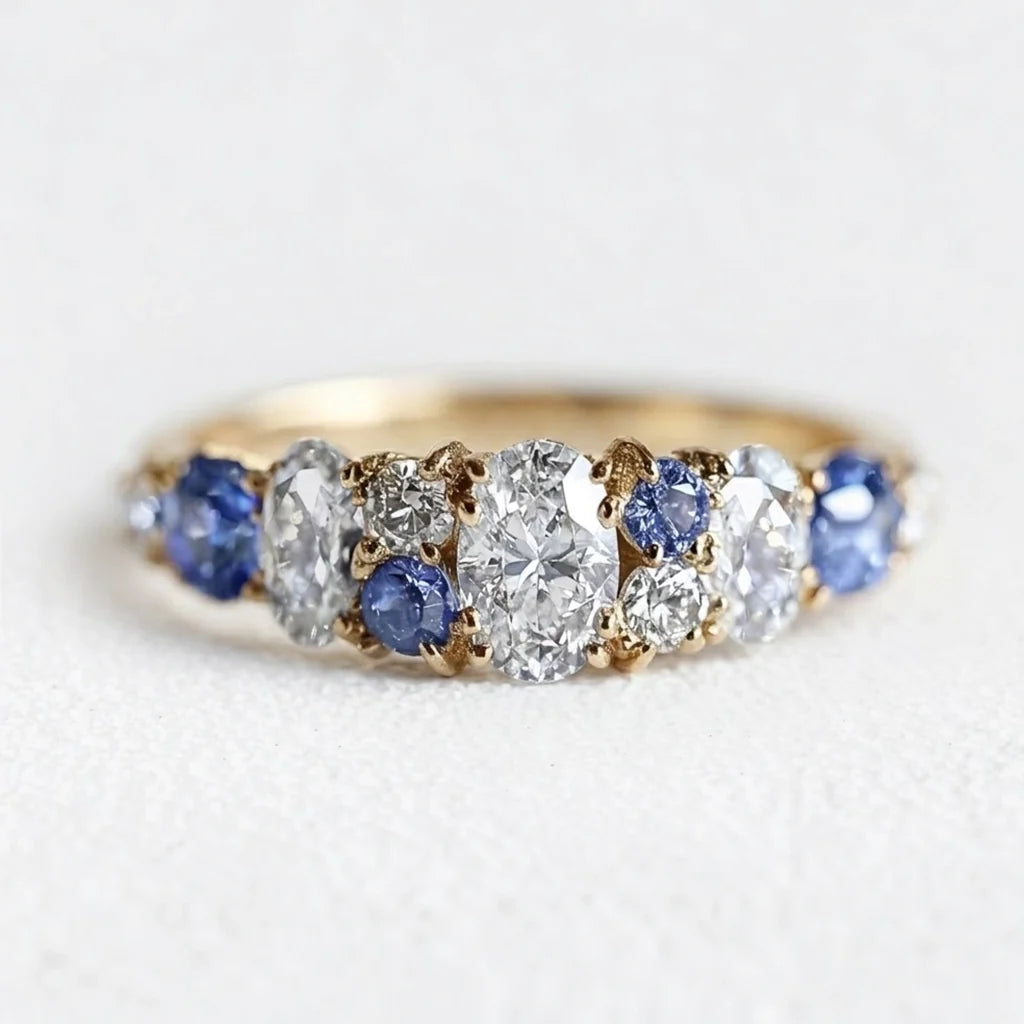 Cordelia’s Keepsake | Thistle Blue Sapphire & Moissanite Half‑Eternity Ring