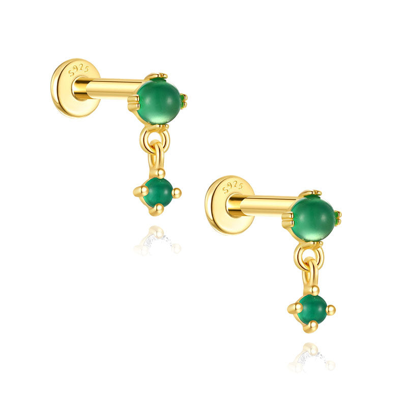 S925 Sterling Silver Gold Plated Green Zircon Drop Flat Back Cartilage Earring