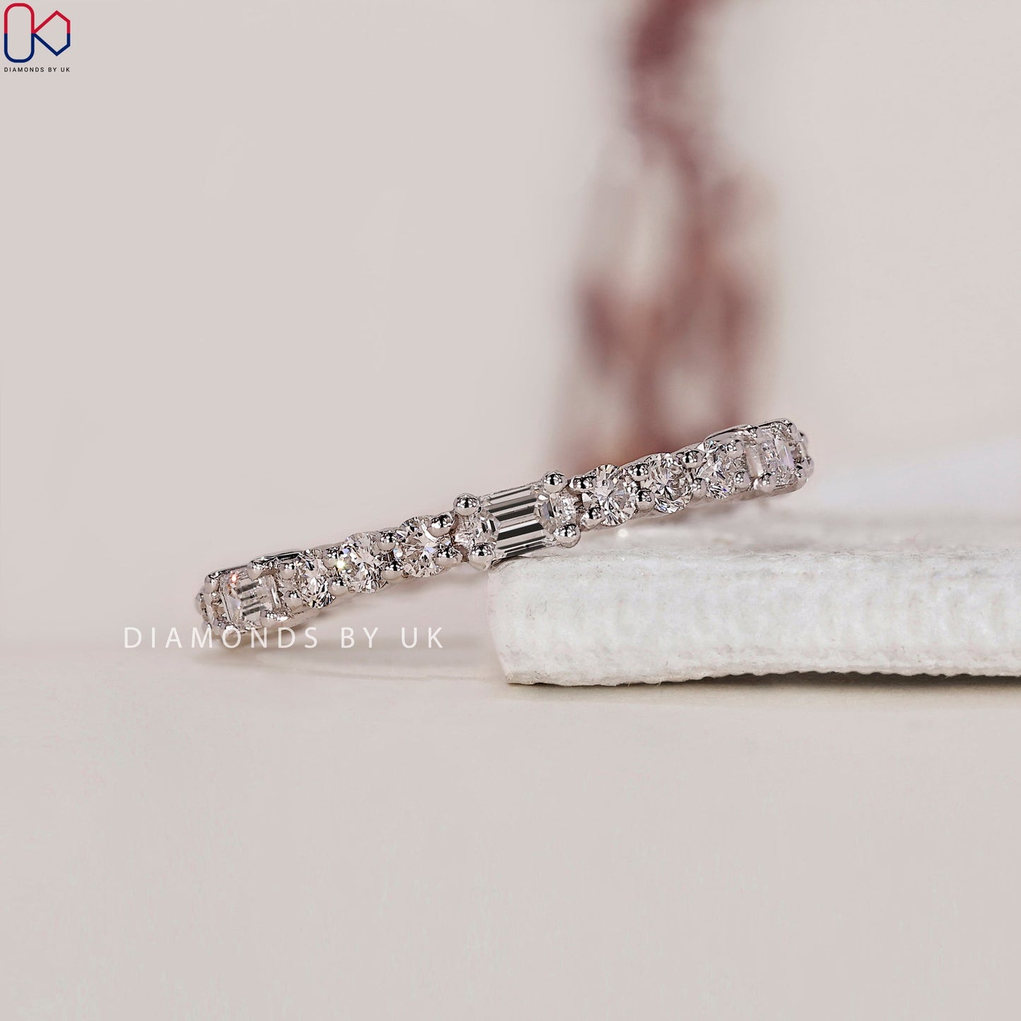 White Gold Eternity Band - Emerald and Round Diamonds