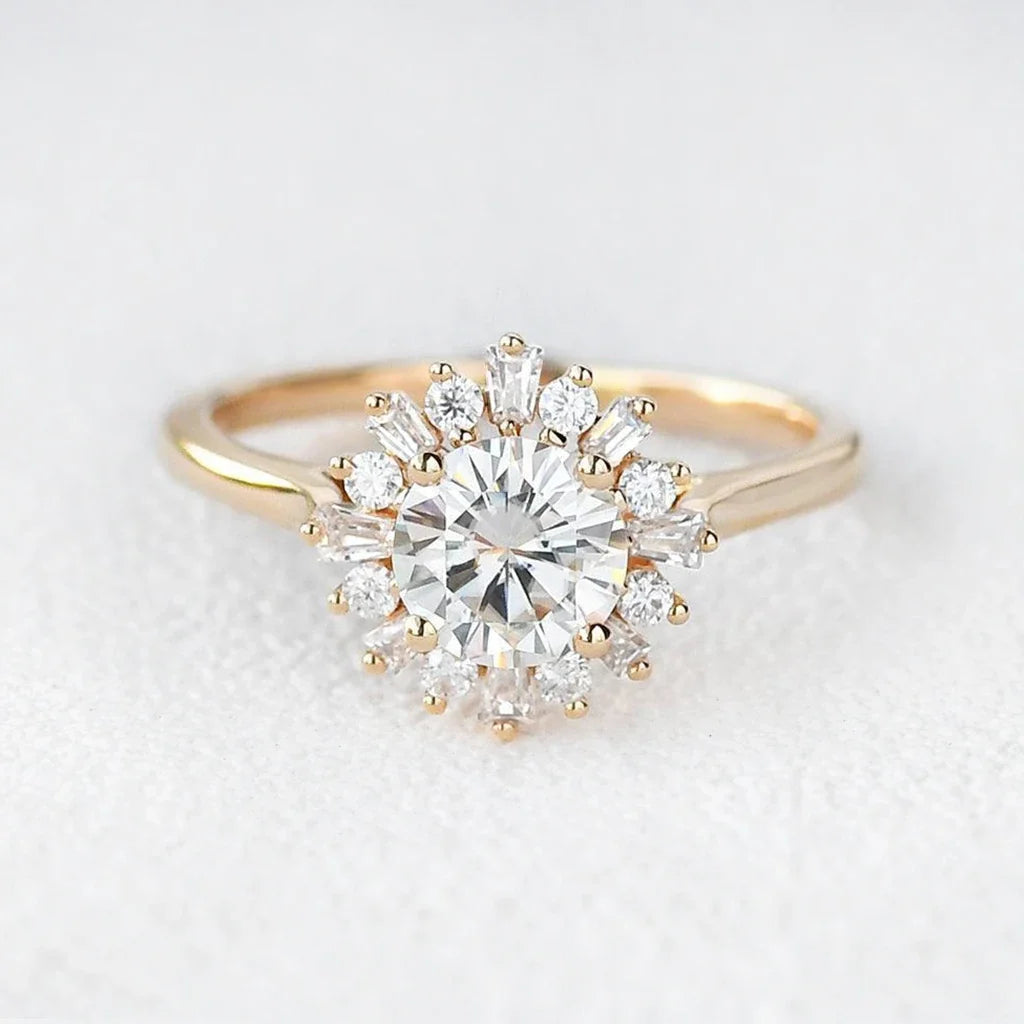 Aurora’s Sunburst | 1CT Round Diamond Halo Engagement Ring