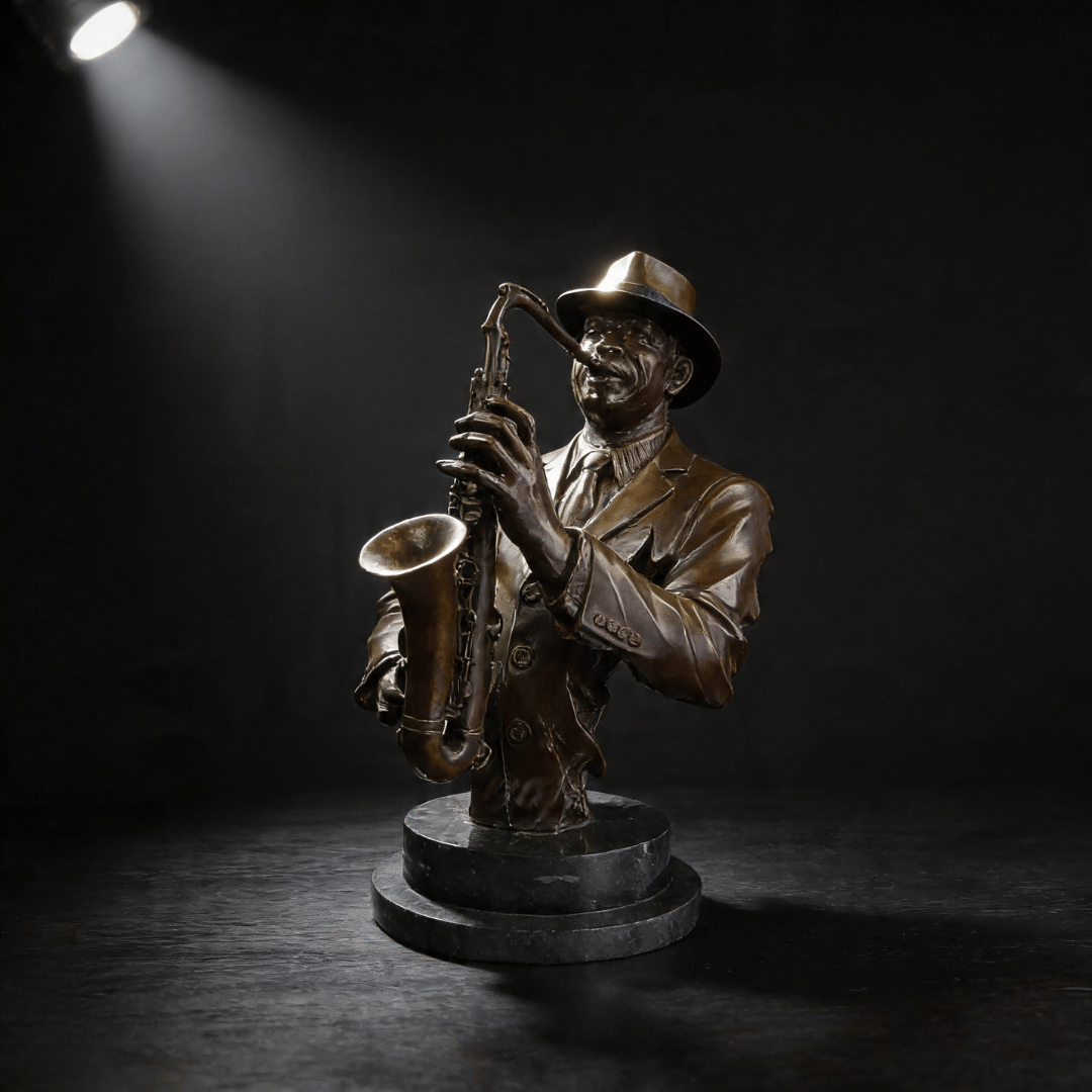 Jazz Saxophonist Bronze Bust Sculpture