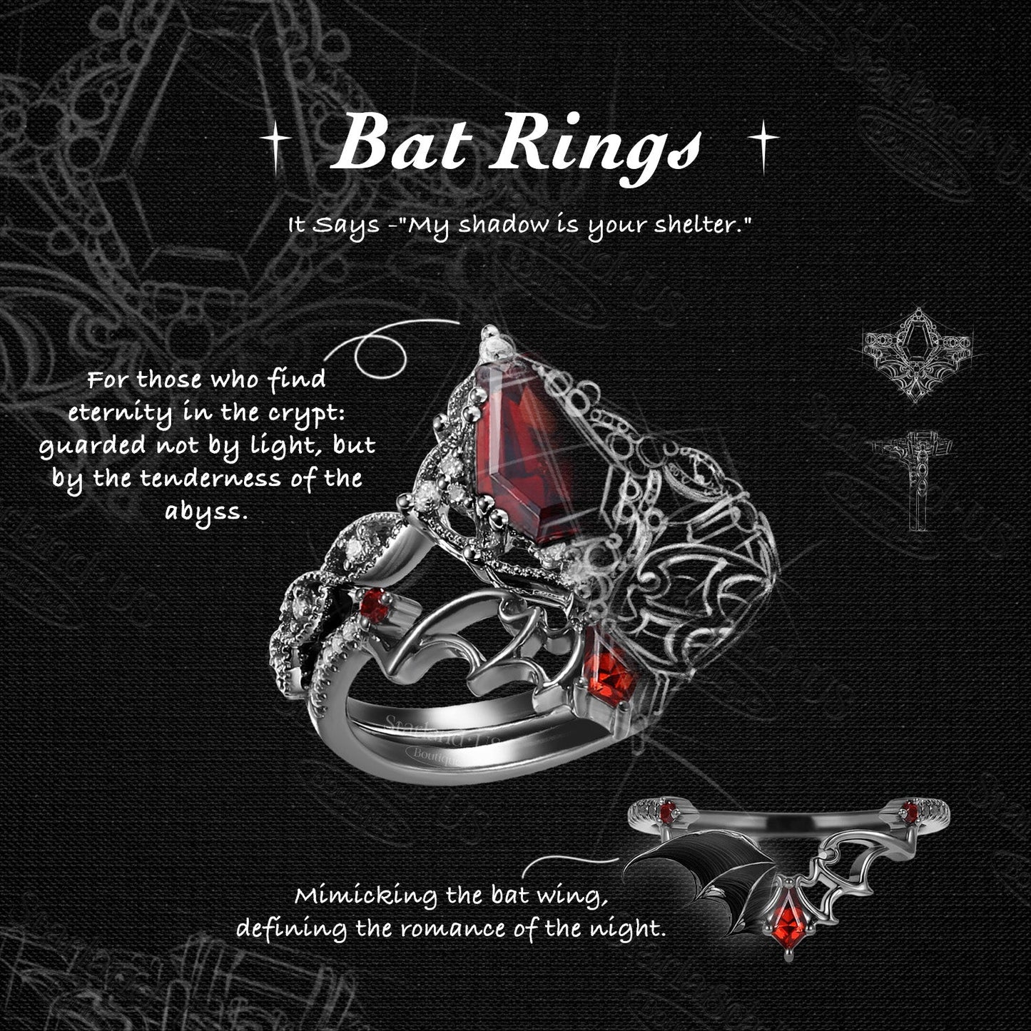 'Dark Romance' - Gothic Coffin Cut Amethyst Engagement Ring Set with Bat Wings in Black Gold