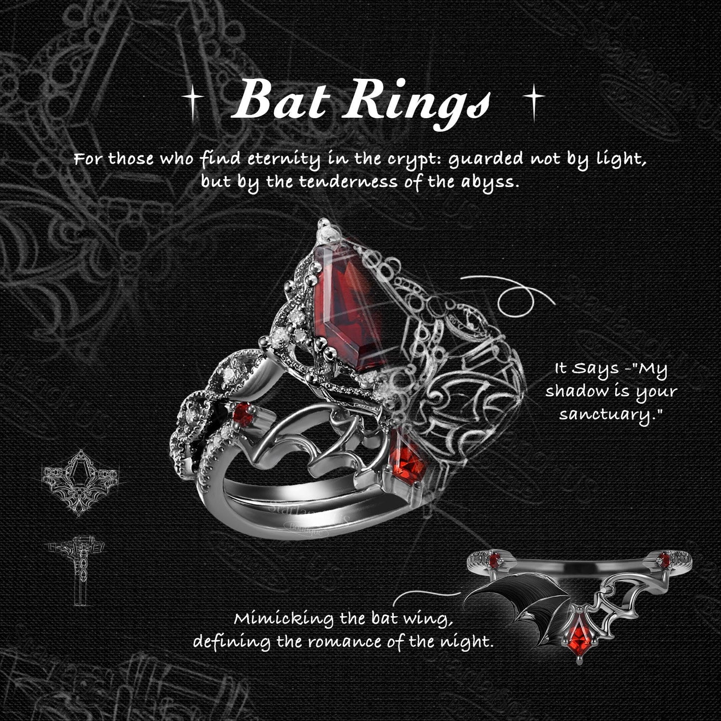 Gothic Bat Inspired Kite Cut Garnet Bat Wing Curved Wedding Ring - Dark Romance