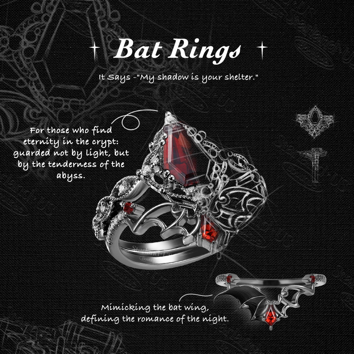 'Dark Romance' - Gothic Coffin Cut Garnet Engagement Ring Set with Bat Wings in Black Gold - Bat Ring