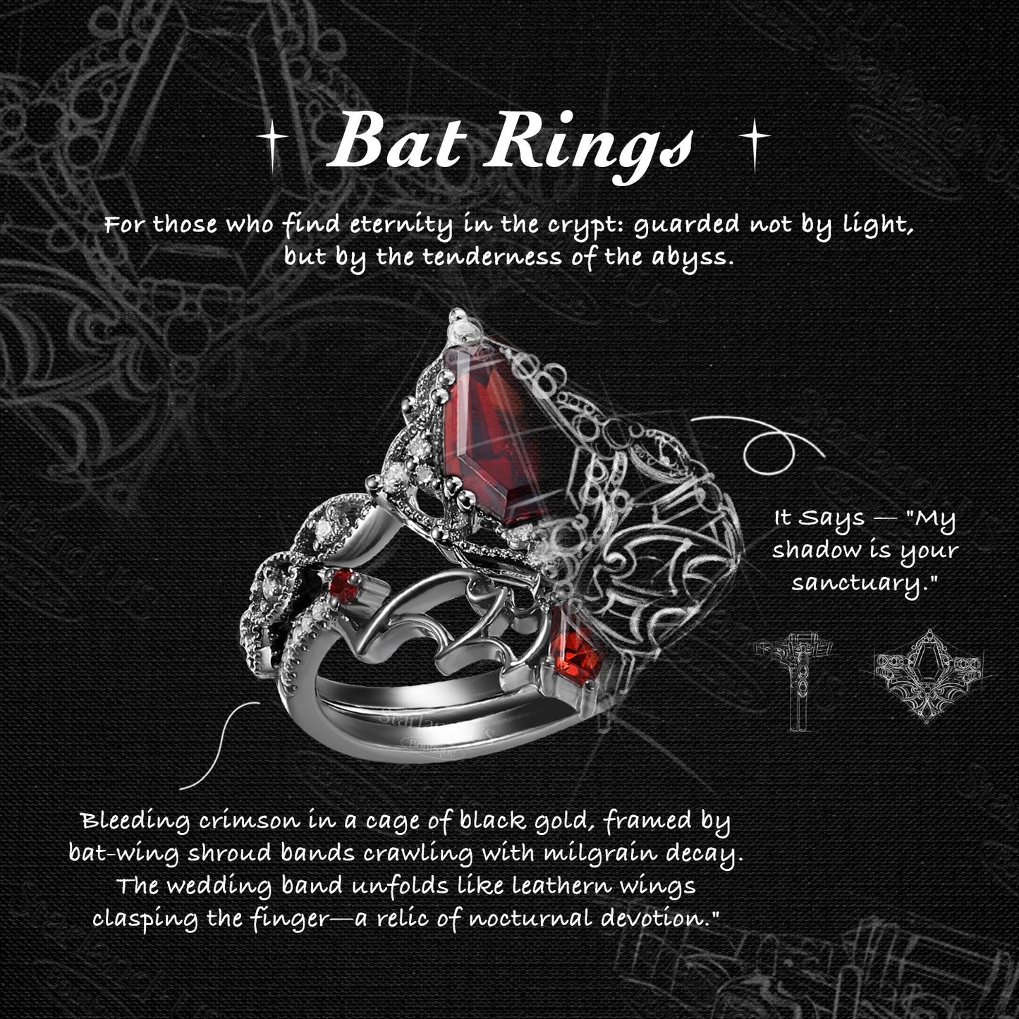 Gothic Style Coffin Garnet Bat Wing Inspired Black Gold Ring Jewelry Set - Bat Jewelry Box