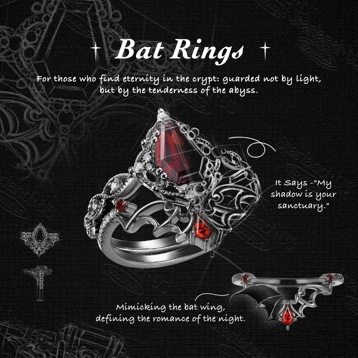 Gothic Inspired 'Dark Romance' Coffin Shaped Moss Agate Black Gold Engagement Ring Set 2pcs