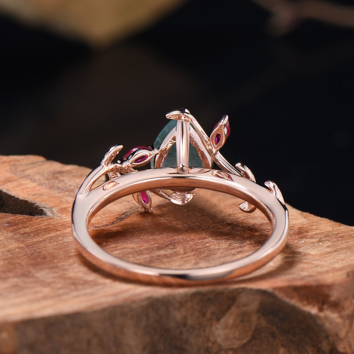 Nature Inspired Moss Agate Ring Leaf Marquise Cut Ruby Ring
