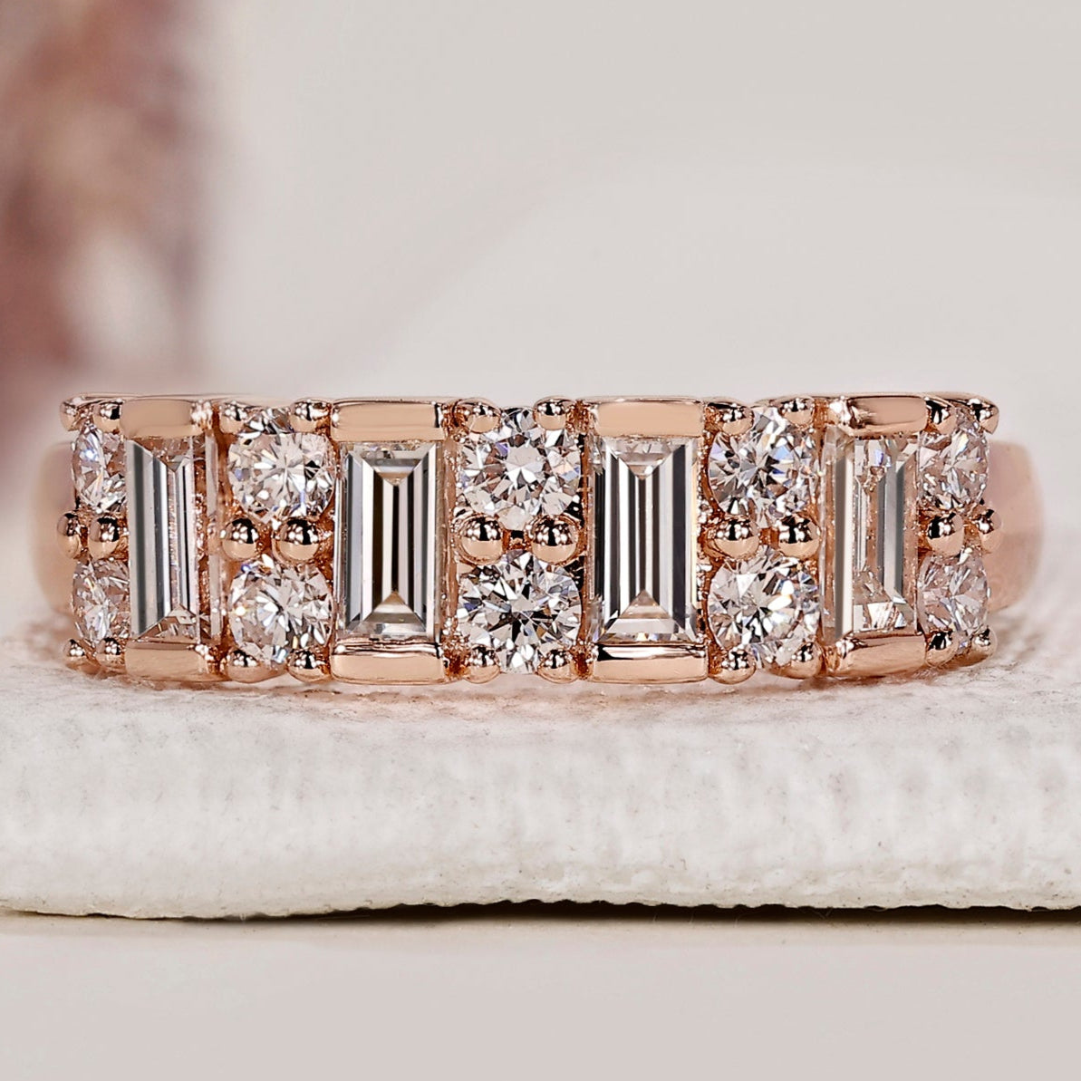 Baguette And Round Diamond Band With Semi Bezel Setting
