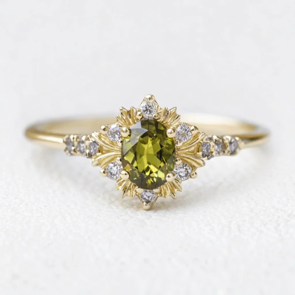 Rosalind’s Amber | 1CT Oval Cut Olive Yellow Sapphire Halo Engagement Ring