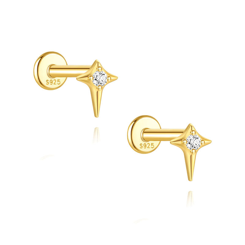 S925 Sterling Silver Gold Plated North Star CZ Flat Back Cartilage Earring