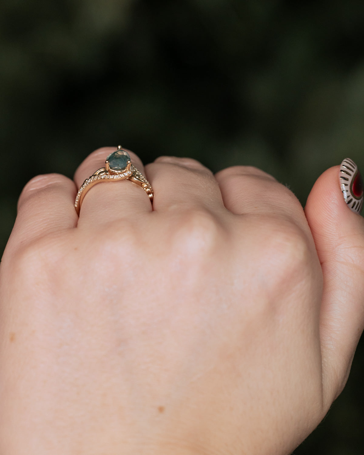 "Scarlet" - Pear Cut Moss Agate Engagement Ring With Diamond Accents