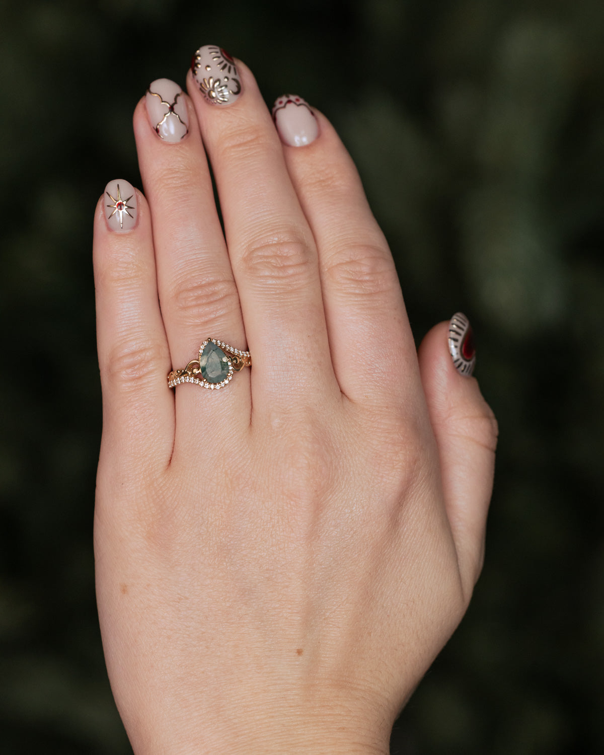 "Scarlet" - Pear Cut Moss Agate Engagement Ring With Diamond Accents