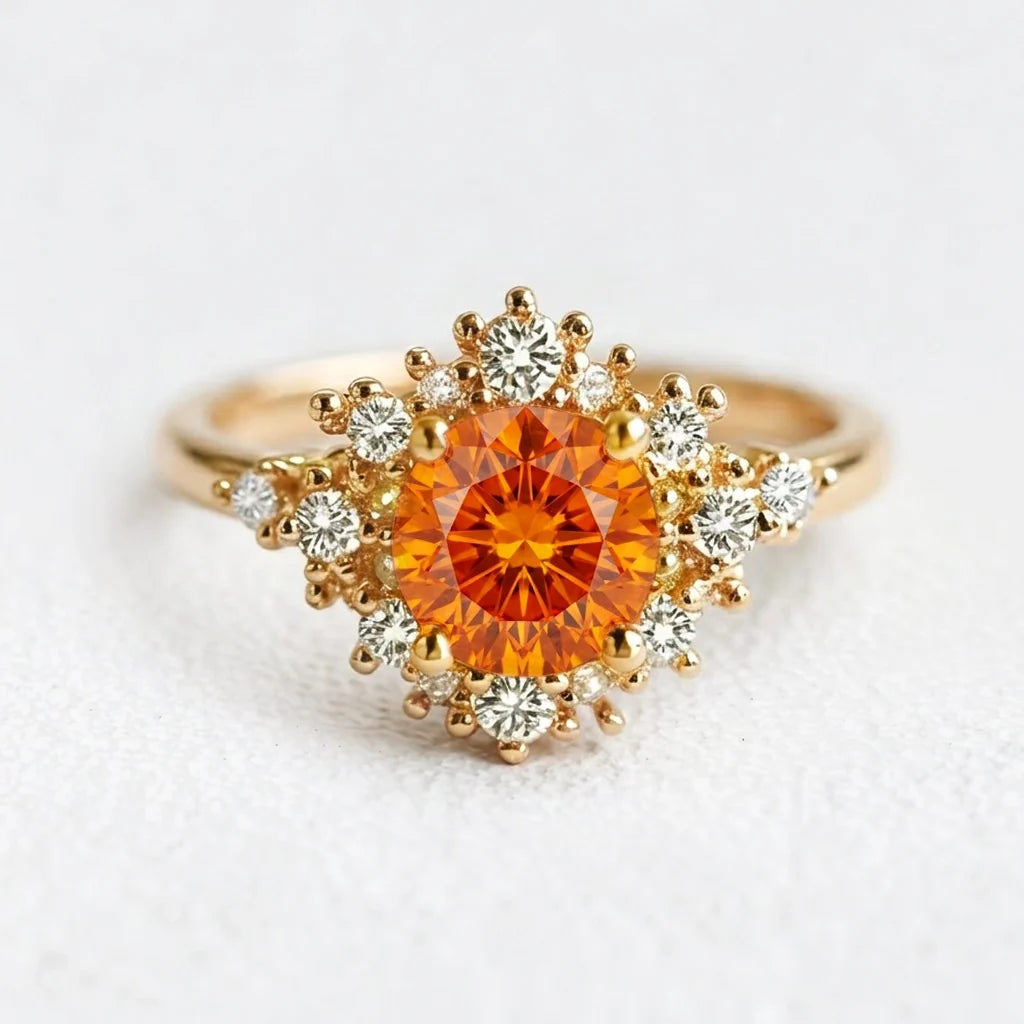 Vivienne’s Amber | Round Cut Orange Sapphire Halo Engagement Ring