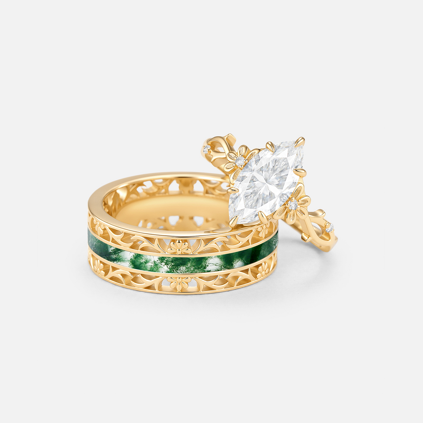 Marquise Cut Moissanite & Moss Agate Engraved Engagement Couple Ring Set 2pcs - Fennel